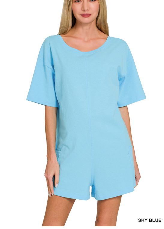 Sky Blue V or Scoop Neck Reversible 2-Way Romper with Pockets