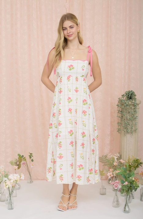 Pink floral tile pattern scalloped tie strap midi dress by Blu Pepper, featuring a flowy silhouette and delicate floral details.