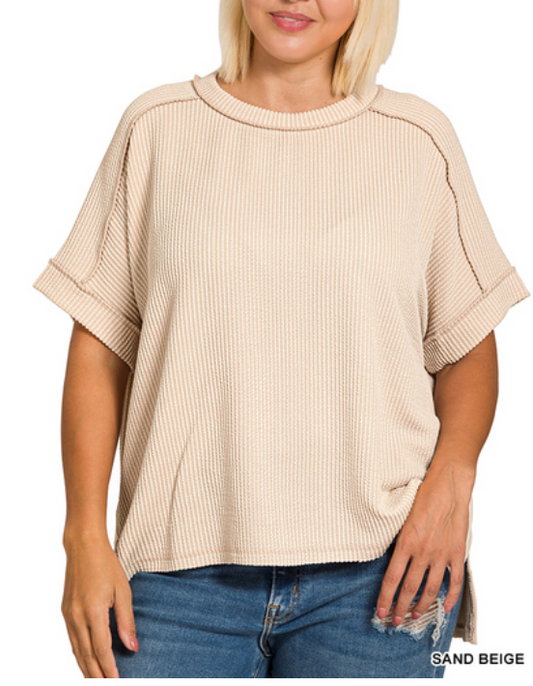Beige raised rib cuff sleeve raw edge top by Modern Grace, featuring a curvy fit and casual style.
