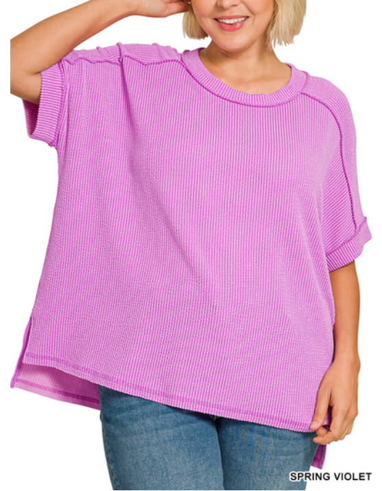 Zenana curvy spring violet raw edge top with raised rib cuff sleeves, featuring a stylish, relaxed fit and casual design.