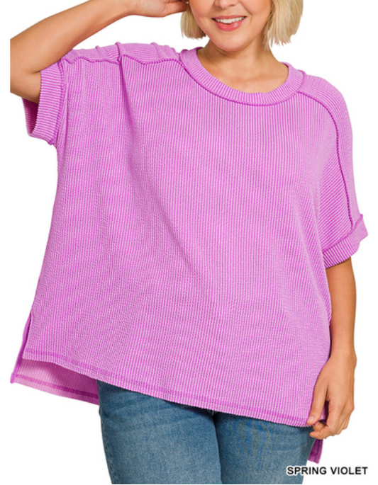 Violet Curvy Spring Zenana top with raised rib cuff sleeves and raw edge detail, featuring a relaxed fit and stylish design.