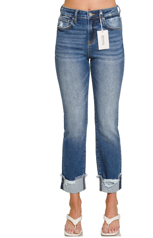 Modern Grace cuffed skinny denim pants in regular and curvy fits, showing their stylish cuffed design and fitted silhouette.