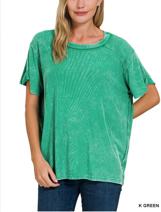 Kelly green washed ribbed boat-neck top by Modern Grace, short sleeve, fitted style, shown in a casual close-up image.