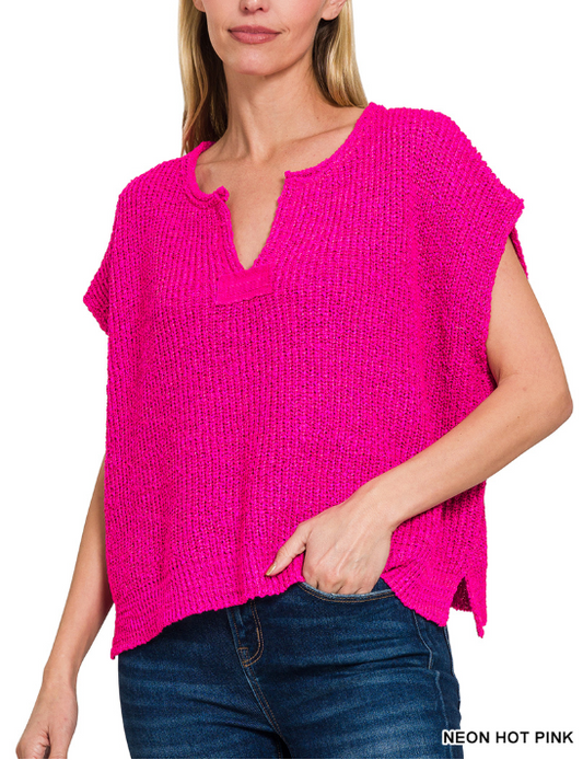 Neon Hot Pink Split-Neck Side Slit Pullover with loose fit, back patch, and rolled split-neck from Modern Grace