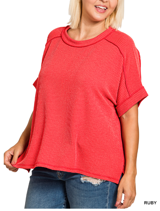 Curvy Ruby Raised Rib Cuff Sleeve Raw Edge Top with textured rib fabric and cuff sleeves from Modern Grace