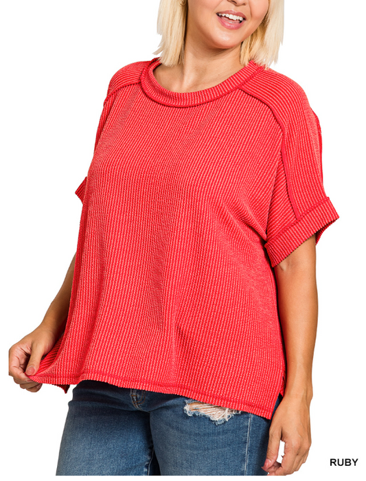 Modern Grace Curvy Ruby Rib Cuff Sleeve Raw Edge Top featuring raised rib design and casual, stylish look.