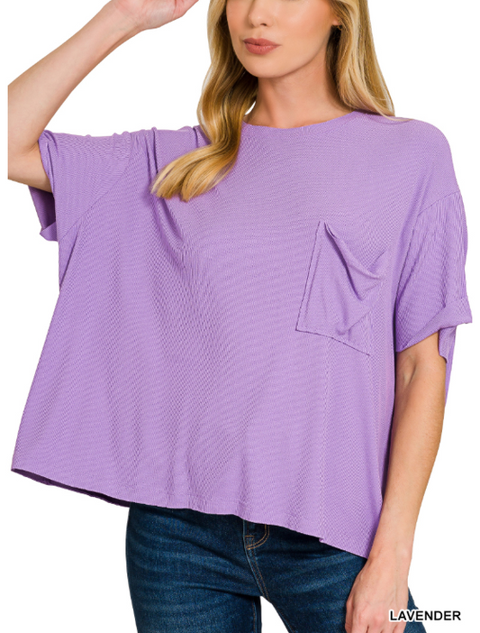 Lavender oversized ribbed round neck short sleeve tee from Modern Grace, casual tops with a relaxed fit and textured fabric.