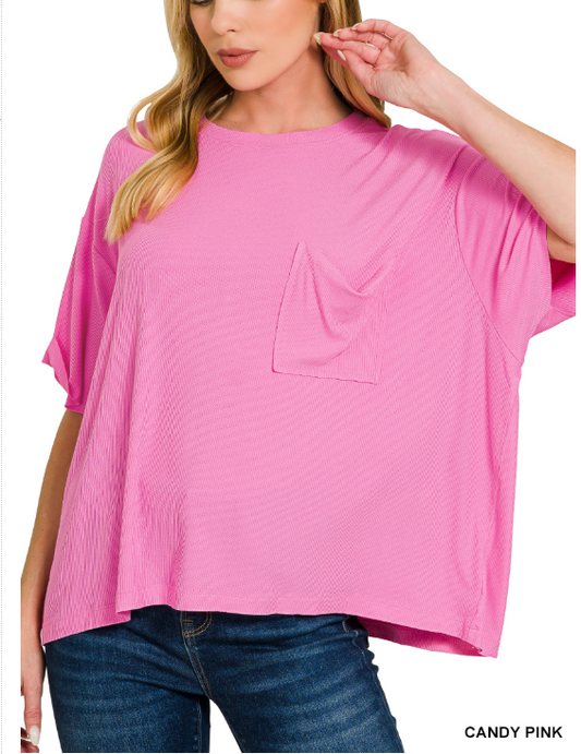 Modern Grace Candy Pink oversized ribbed round neck short sleeve tee, casual tops with a relaxed fit and textured fabric.