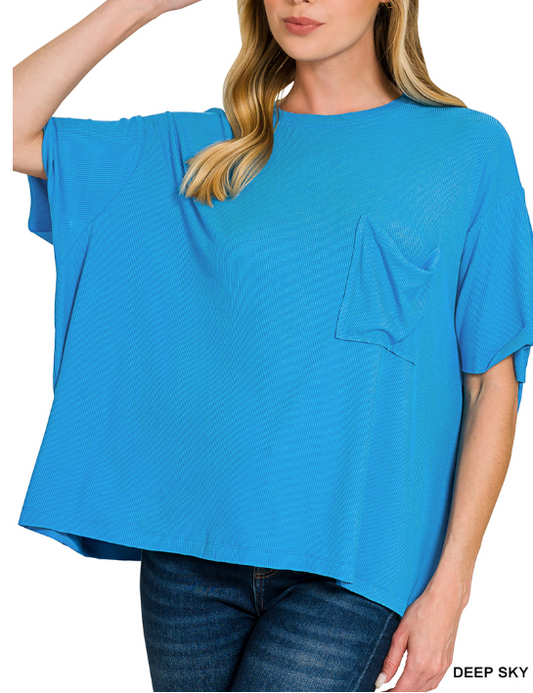 Deep Sky oversized ribbed round neck short sleeve tee by Modern Grace, showing the relaxed fit and ribbed texture in a casual top.