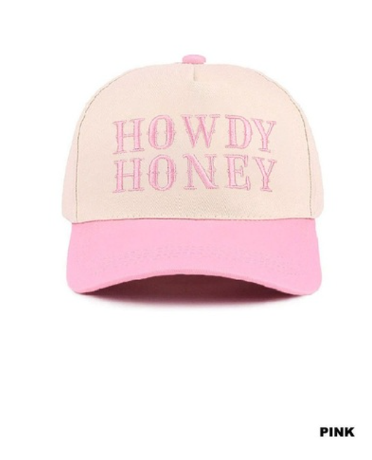 Pink and tan two-tone canvas cotton hat by Modern Grace featuring a casual, stylish hat with "Howdy Honey" embroidery.