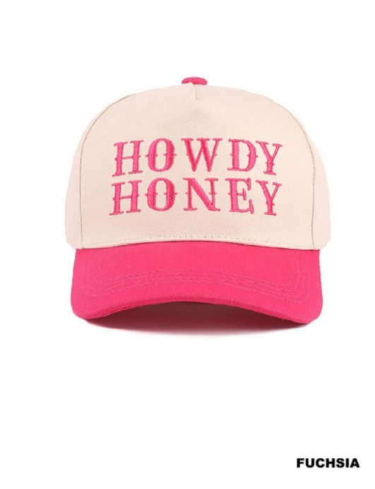 Fuchsia and Tan Howdy Honey Two-Tone Canvas Cotton Cap front view with Western-inspired graphic from Modern Grace