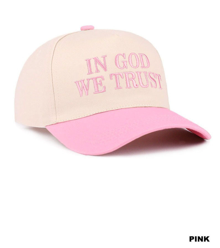 Pink and tan in God We Trust two-tone canvas cotton cap by Modern Grace, featuring a classic hat design with embroidered logo.