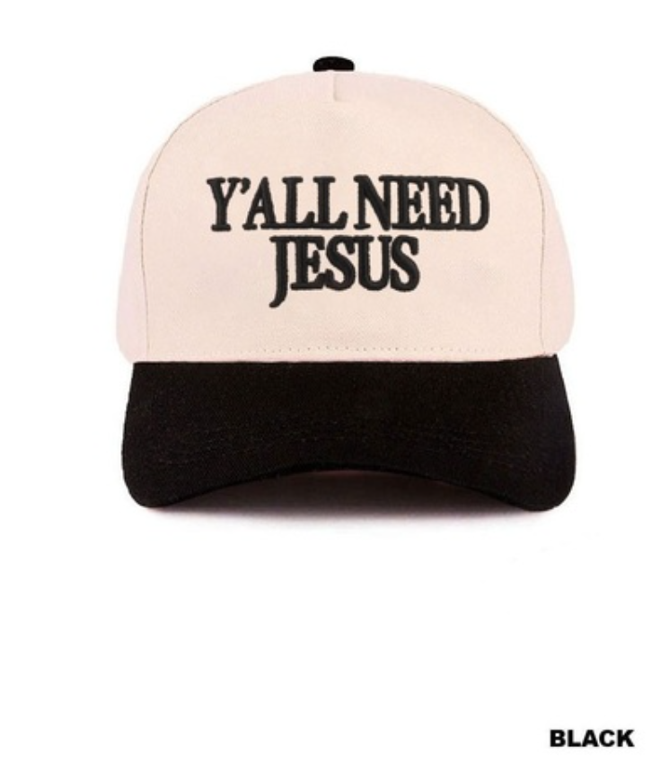 Black and tan two-tone canvas cotton cap by Modern Grace featuring "Y'all Need Jesus" embroidered design.