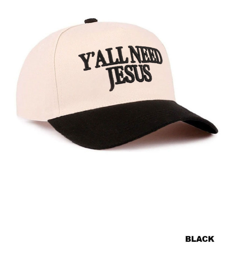 Black and tan two-tone canvas cotton cap with "Y'all Need Jesus" embroidery by Modern Grace, stylish hat for casual wear.