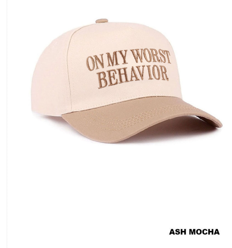 Modern Grace two-tone canvas cotton cap in ash and mocha with "On My Worst Behavior" embroidered design.