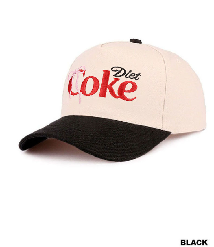 Black Coquette Bow Diet Coke two-tone cotton hat by Modern Grace, featuring a stylish bow and casual two-tone design.
