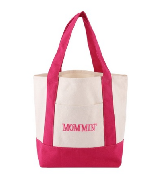 Hot pink Mommin mini canvas tote bag by Modern Grace with sturdy handles and stylish design for casual use