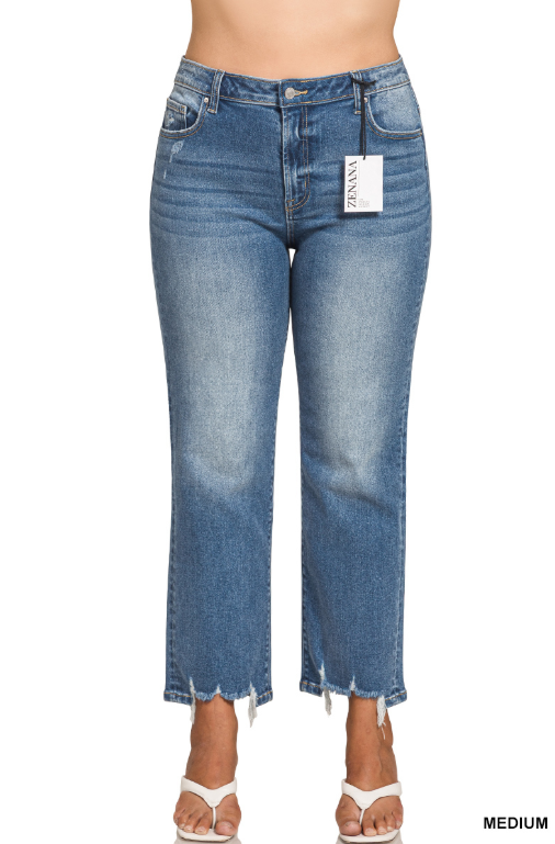 Medium Wash Distressed Hem Denim Pants