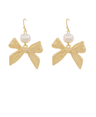 Gold Textured Bow & Pearl Earrings