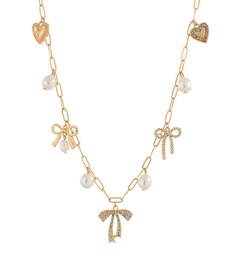 Bow & Heart Pearl Multi Charm Necklace