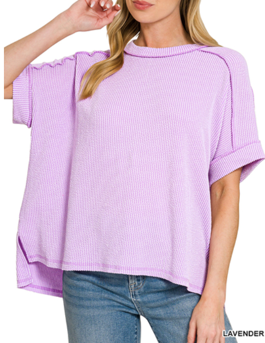 Lavender Zenana raw edge top with raised rib cuff sleeves, casual style, soft fabric, and relaxed fit.
