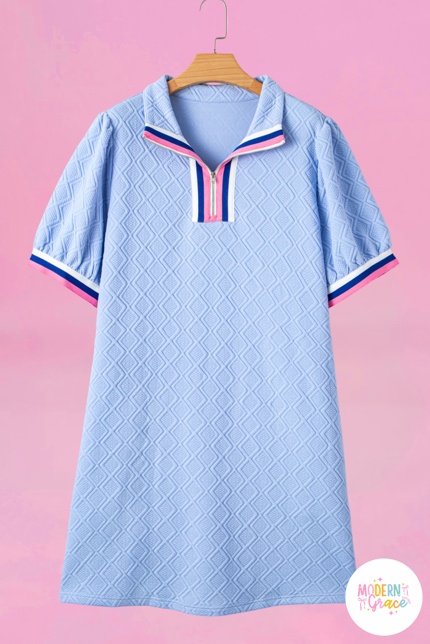 Curvy Blue Contrast Striped Trim Zipped Stand Collar Textured Puff Sleeve T Shirt Dress