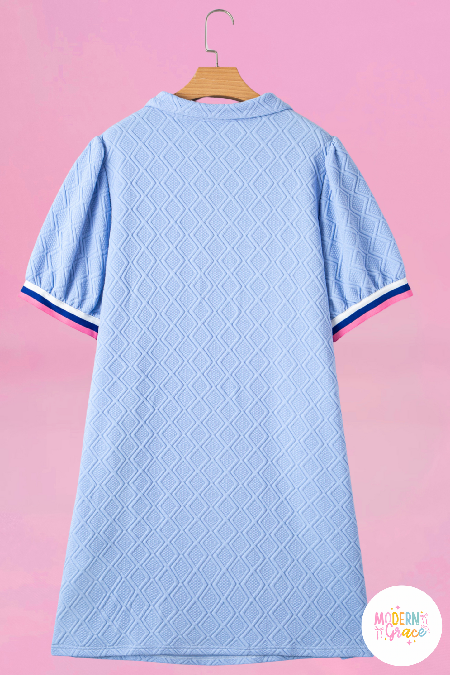 Curvy Blue Contrast Striped Trim Zipped Stand Collar Textured Puff Sleeve T Shirt Dress