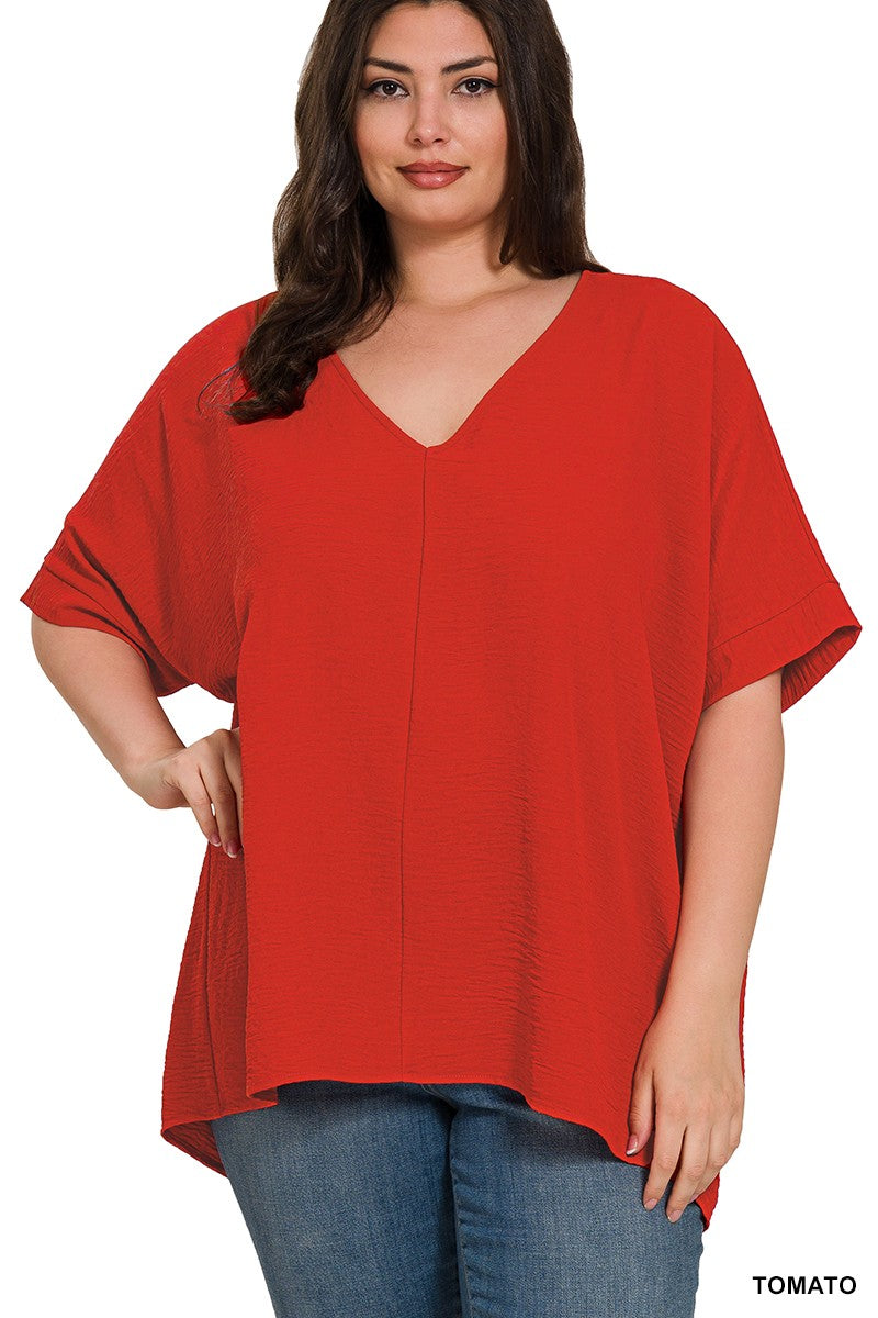 CURVY RED WOVEN AIRFLOW V-NECK DOLMAN SHORT SLEEVE TOP