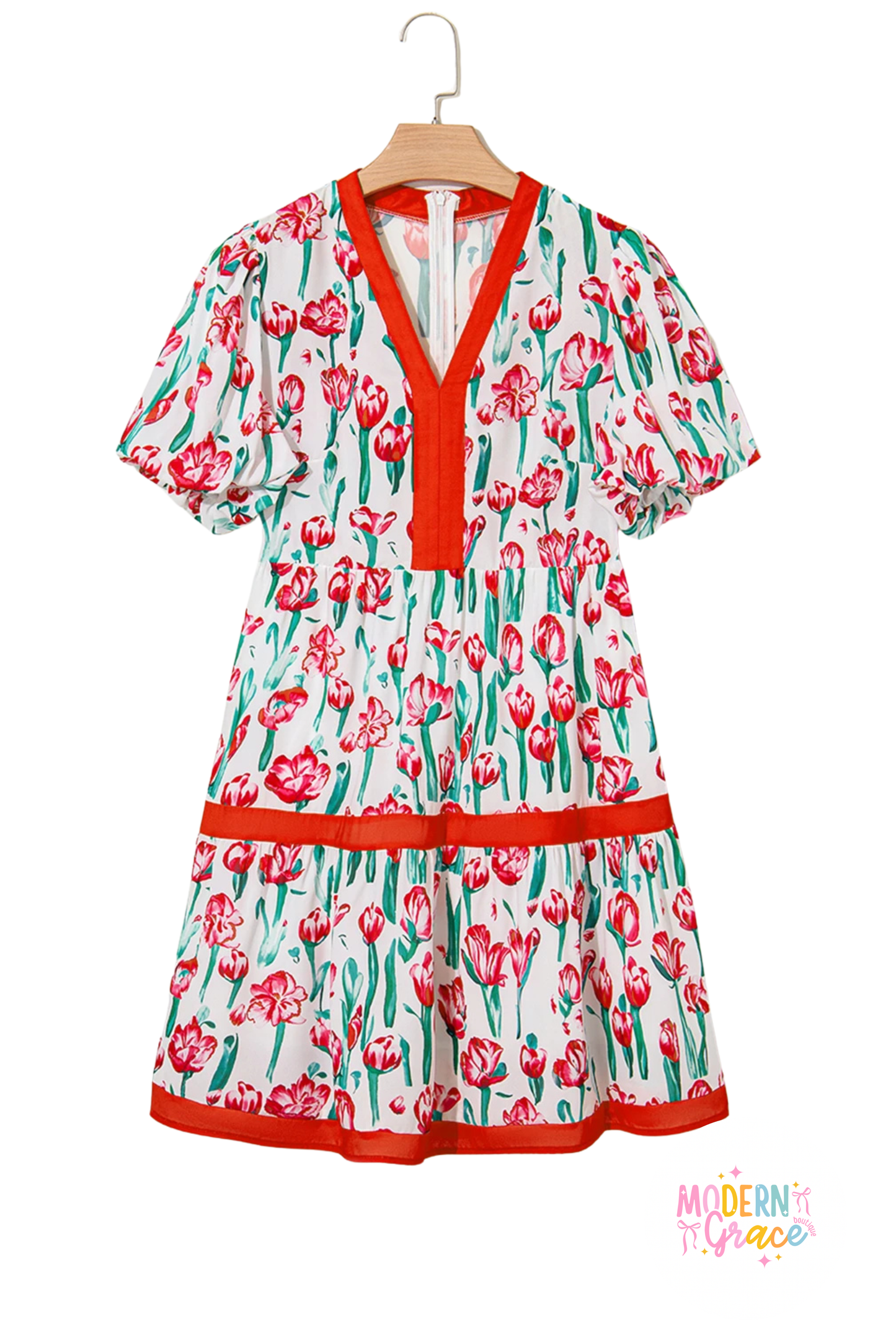 Pink floral print V-neck bubble babydoll dress with short sleeves from Modern Grace, featuring a feminine and flowy design.