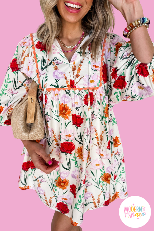 Beige Floral Print 3/4 Puff Sleeve Ricrac Trim Dress