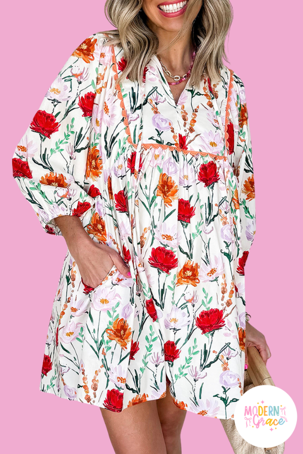 Beige Floral Print 3/4 Puff Sleeve Ricrac Trim Dress