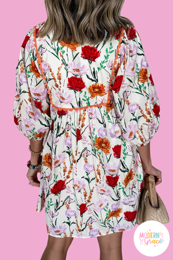Beige Floral Print 3/4 Puff Sleeve Ricrac Trim Dress