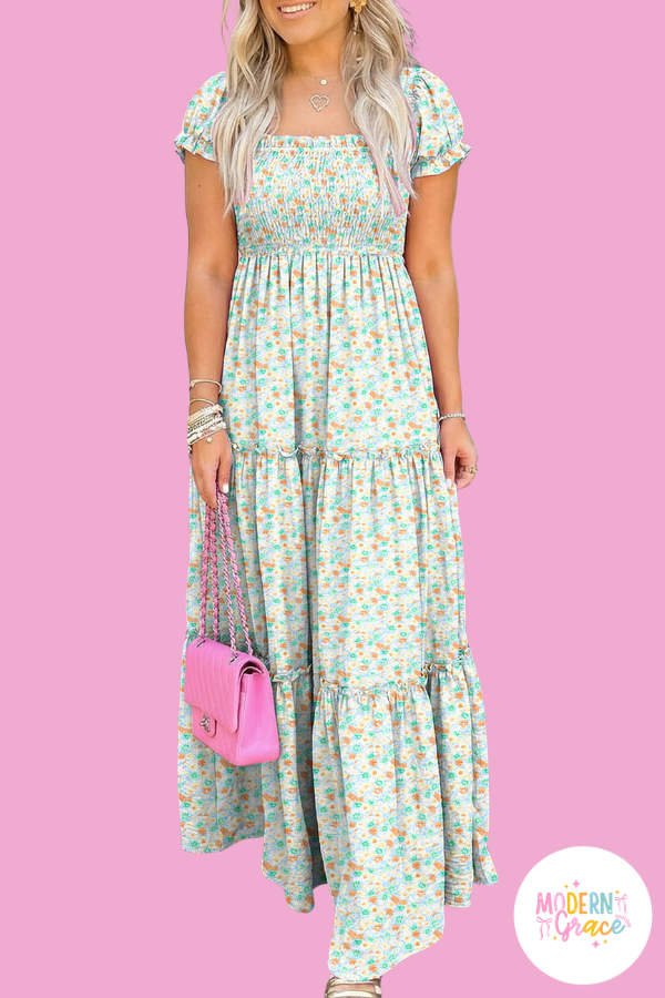Floral Short Bubble Sleeve Shirred High Waist Maxi Dress