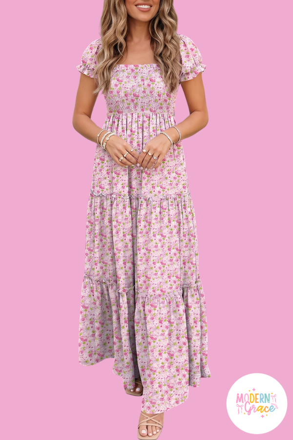 Floral Short Bubble Sleeve Shirred High Waist Maxi Dress