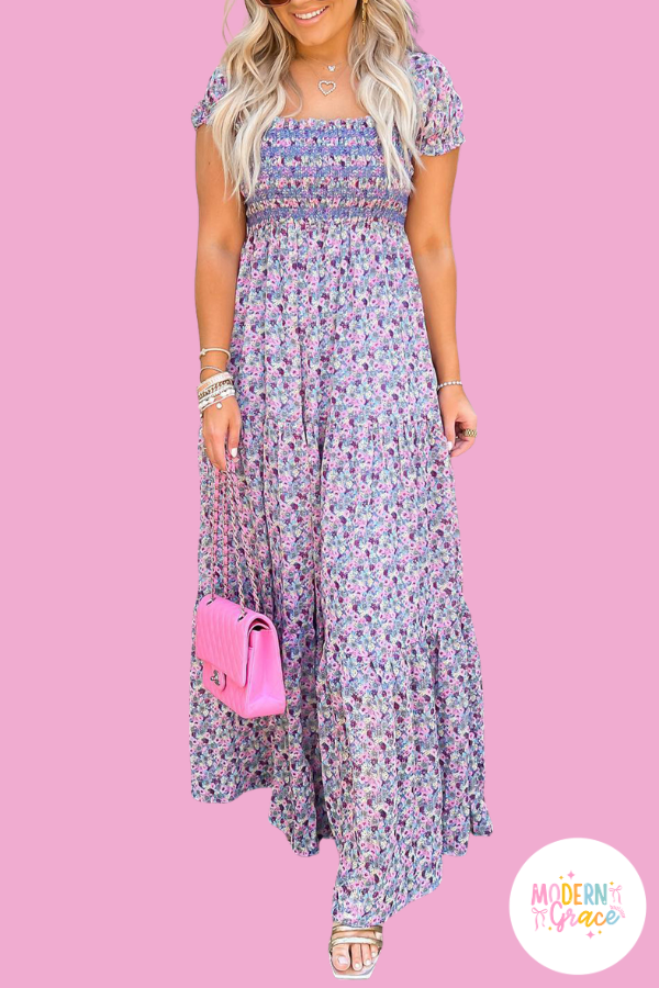 Floral Short Bubble Sleeve Shirred High Waist Maxi Dress