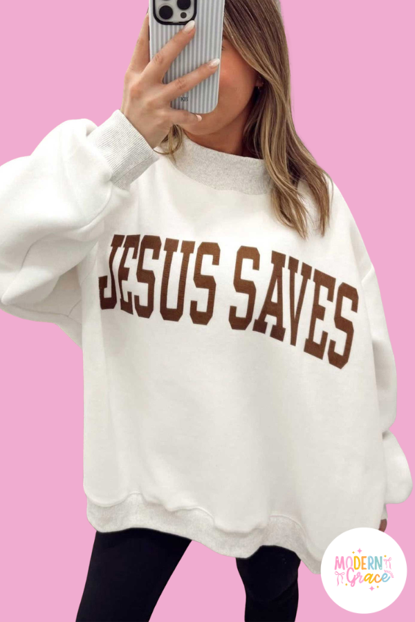 "JESUS SAVES" Reversible Light Grey Christian Faith Print Mock Neck Pullover Sweatshirt