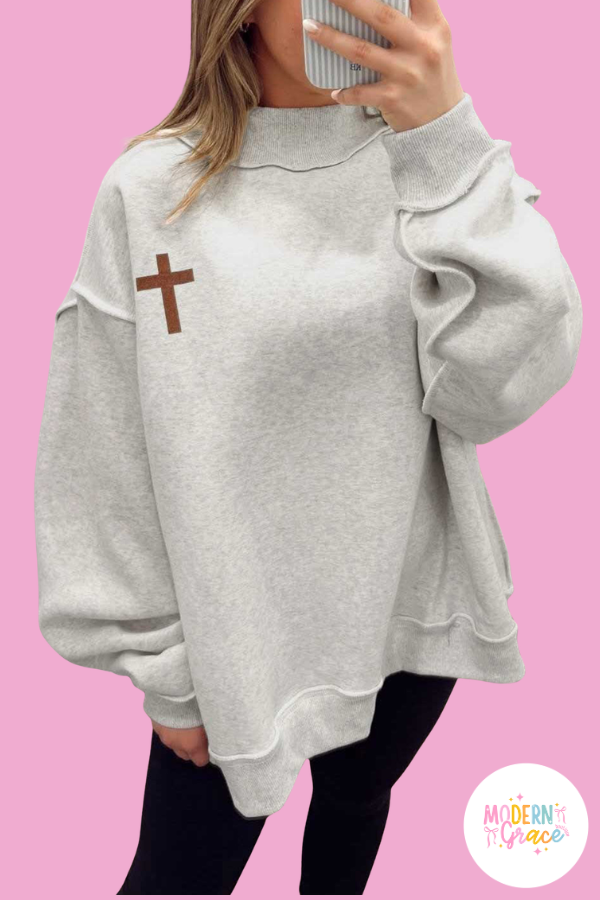 "JESUS SAVES" Reversible Light Grey Christian Faith Print Mock Neck Pullover Sweatshirt