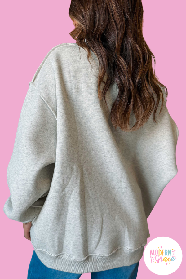 "JESUS SAVES" Reversible Light Grey Christian Faith Print Mock Neck Pullover Sweatshirt