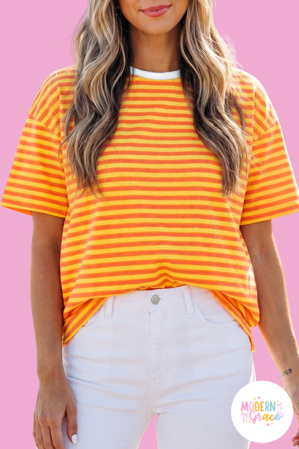 Orange Stripe Contrast Crew Neck Drop Shoulder Loose Tee