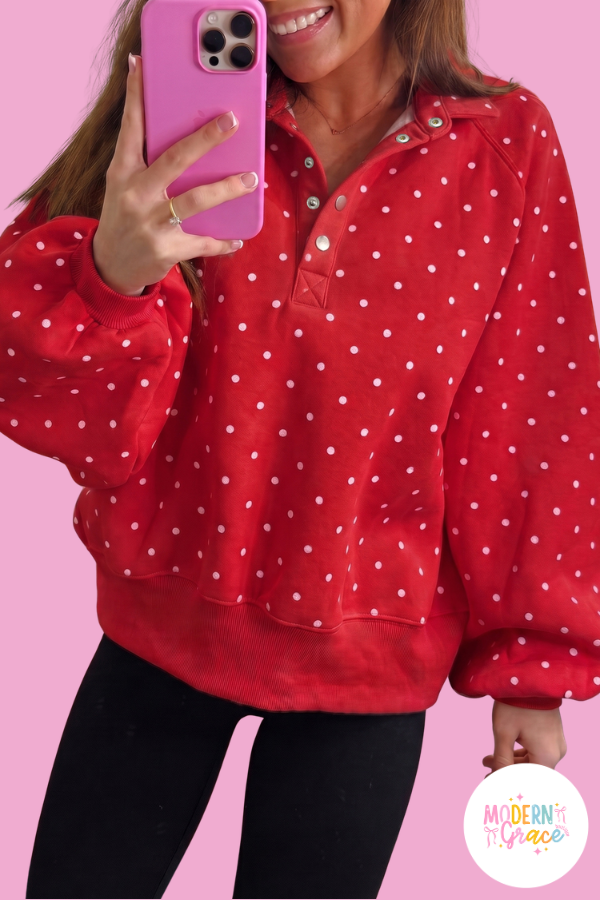 Pink Polka Dot Print Metal Button Collar Casual Pullover Sweatshirt