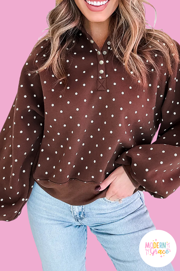 Pink Polka Dot Print Metal Button Collar Casual Pullover Sweatshirt