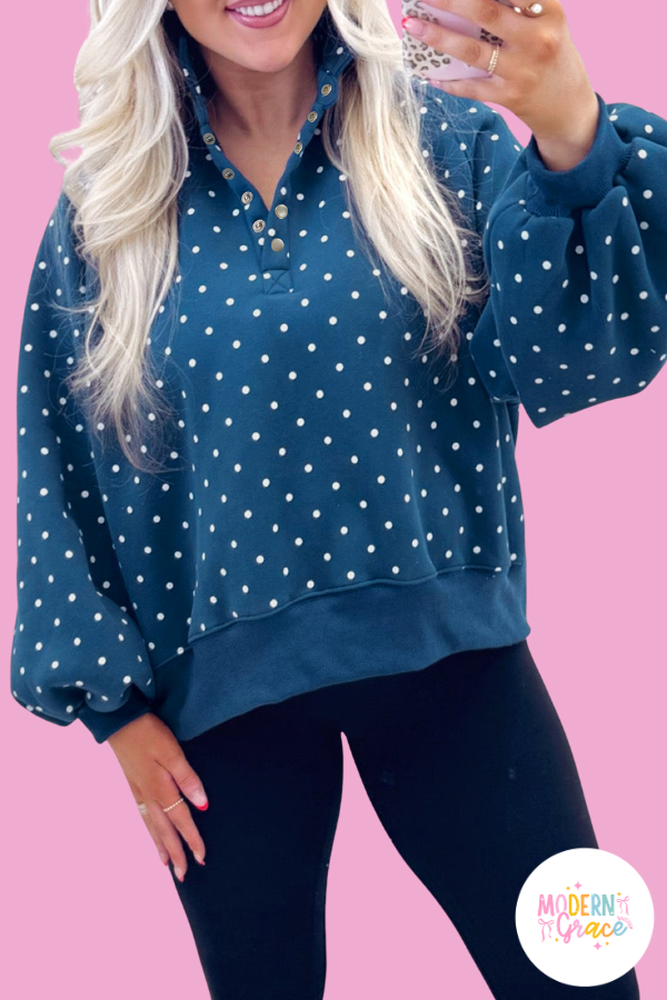 Pink Polka Dot Print Metal Button Collar Casual Pullover Sweatshirt