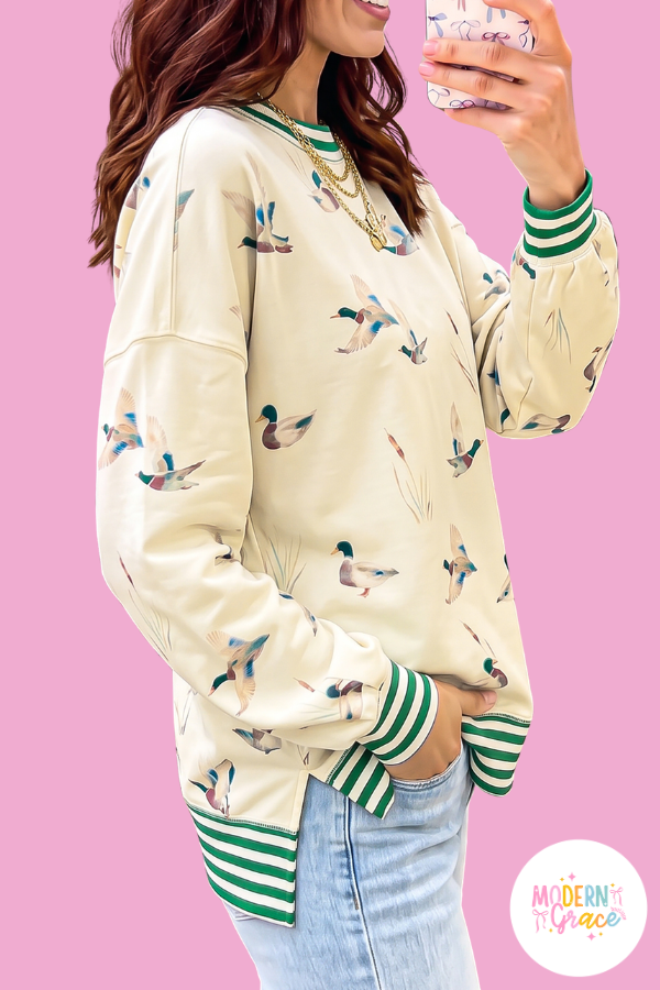 Beige Mallard Duck Print Striped Trim Cuffs Round Neck Casual Sweatshirt
