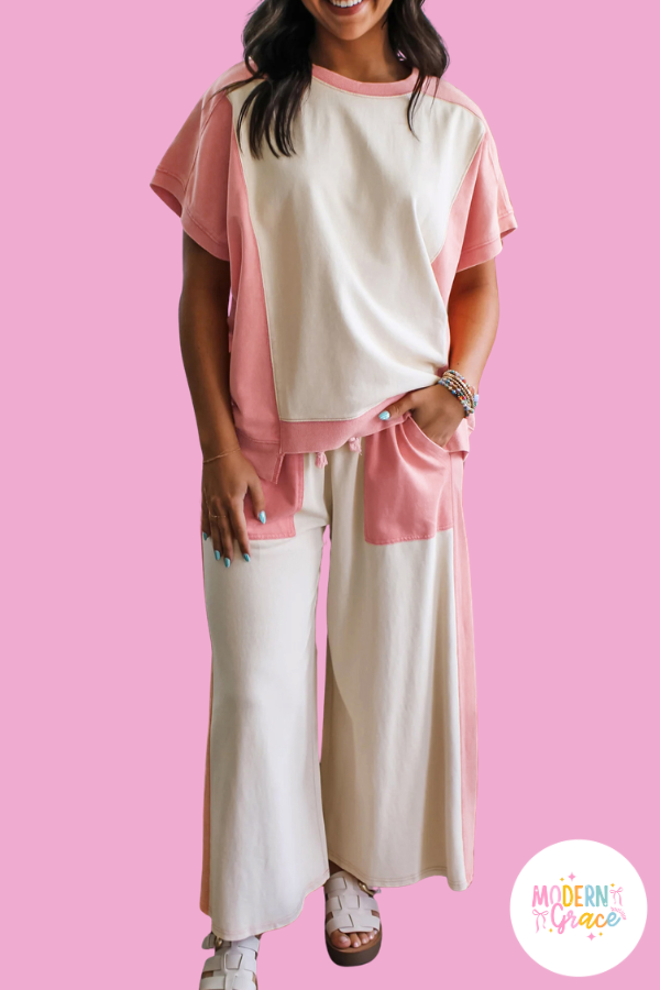 Two-tone Color Block Patchwork Tee Drawstring Loose Pant Set