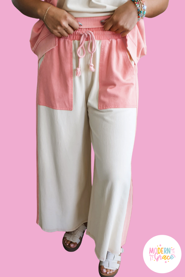 Two-tone Color Block Patchwork Tee Drawstring Loose Pant Set