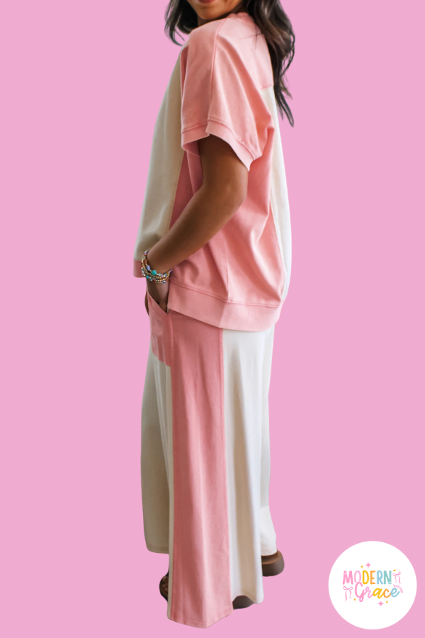 Two-tone Color Block Patchwork Tee Drawstring Loose Pant Set