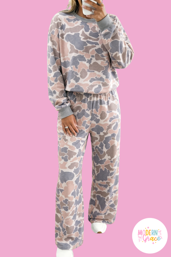 Multicolour Camouflage Print Long Sleeve Top Loose 2pcs Pants Set