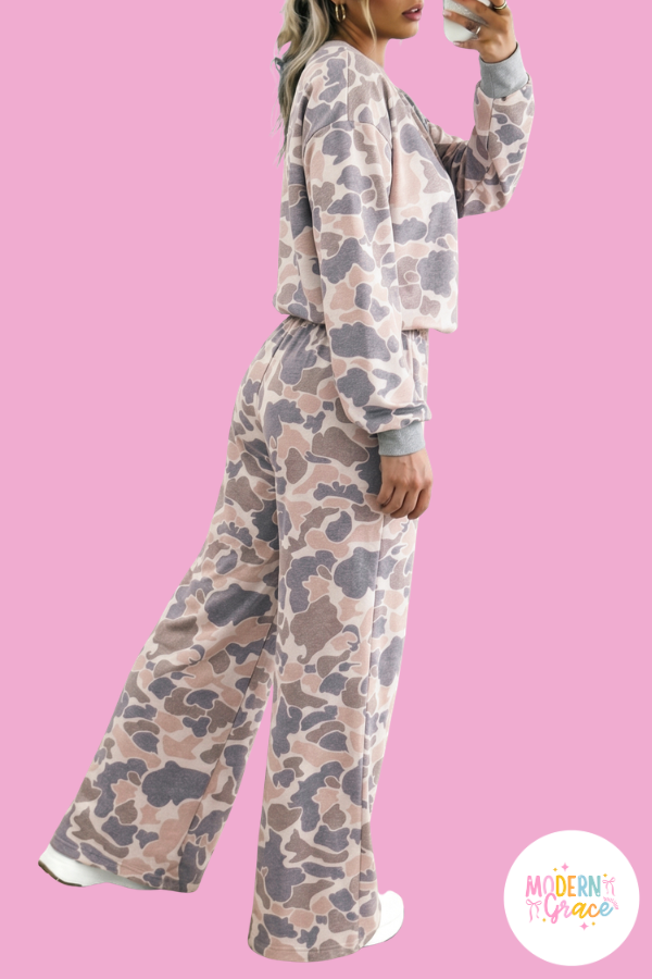 Multicolour Camouflage Print Long Sleeve Top Loose 2pcs Pants Set
