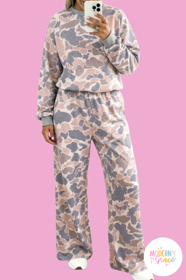 Multicolour Camouflage Print Long Sleeve Top Loose 2pcs Pants Set
