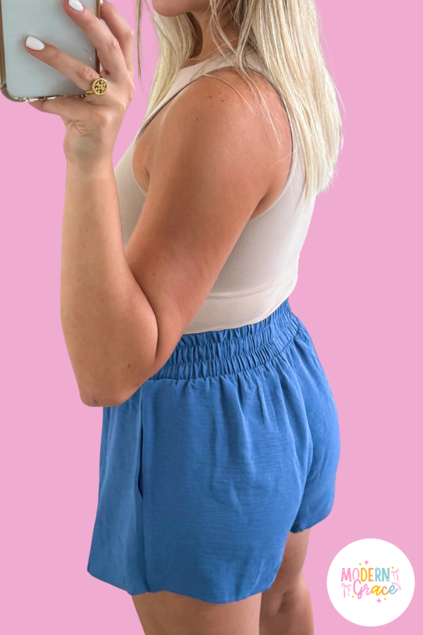 Blue Elastic Waist Casual Skort with Built in Shorts